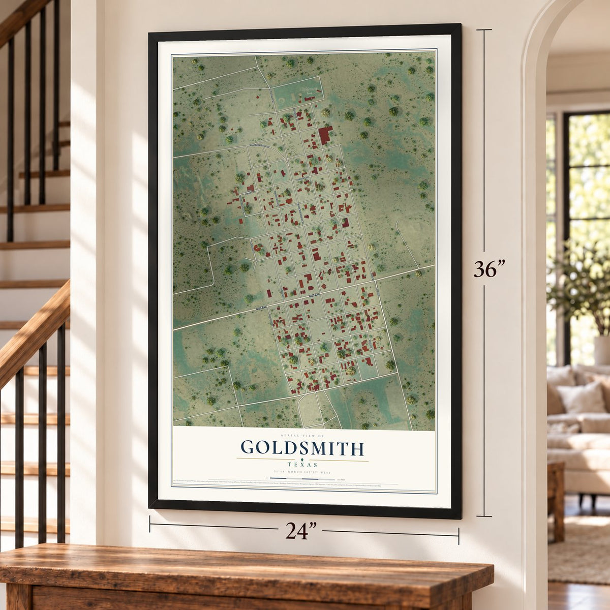 Goldsmith, Texas map, 24 x 36 inch print in a black frame by a staircase