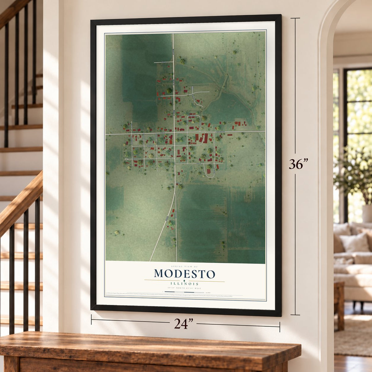 Modesto, Illinois map, 24 x 36 inch print in a black frame by a staircase