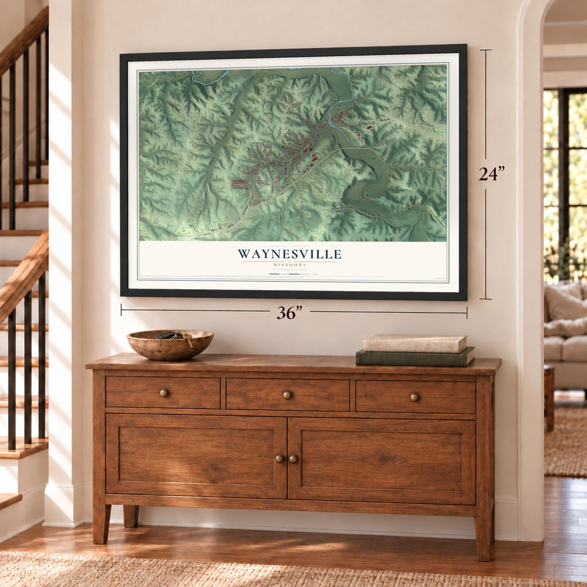 Waynesville, Missouri map, 24 x 36 inch print in a black frame above a dresser by a staircase