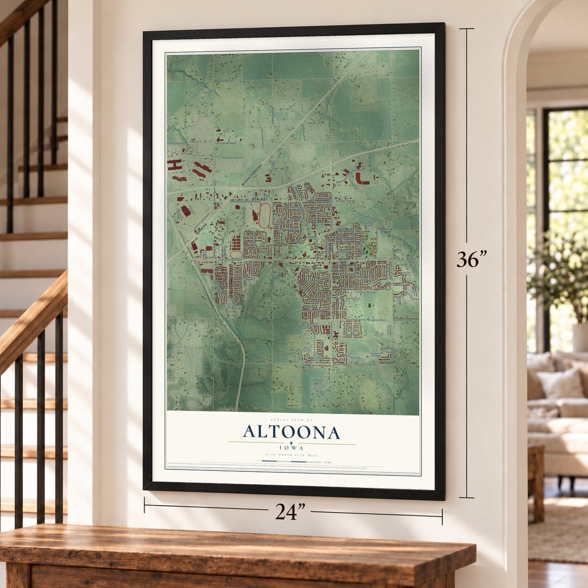 Altoona, Iowa map, 24 x 36 inch print in a black frame by a staircase