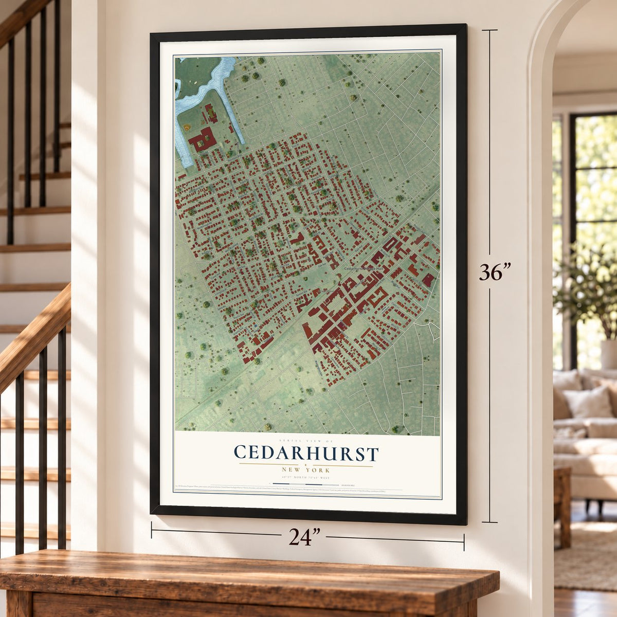 Cedarhurst, New York map, 24 x 36 inch print in a black frame by a staircase