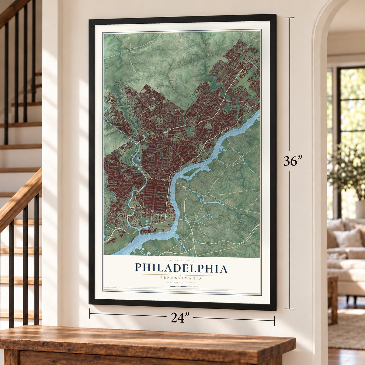 Philadelphia, Pennsylvania map, 24 x 36 inch print in a black frame by a staircase