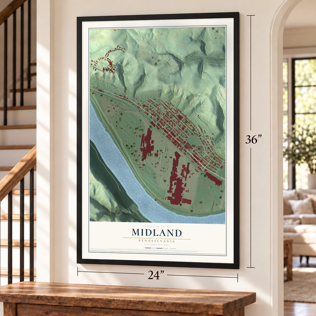 Midland, Pennsylvania map, 24 x 36 inch print in a black frame by a staircase