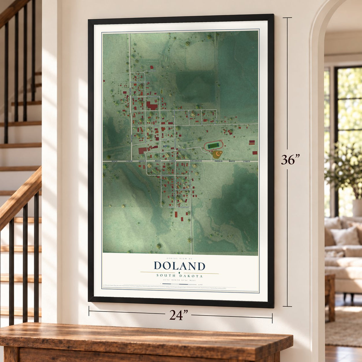 Doland, South Dakota map, 24 x 36 inch print in a black frame by a staircase