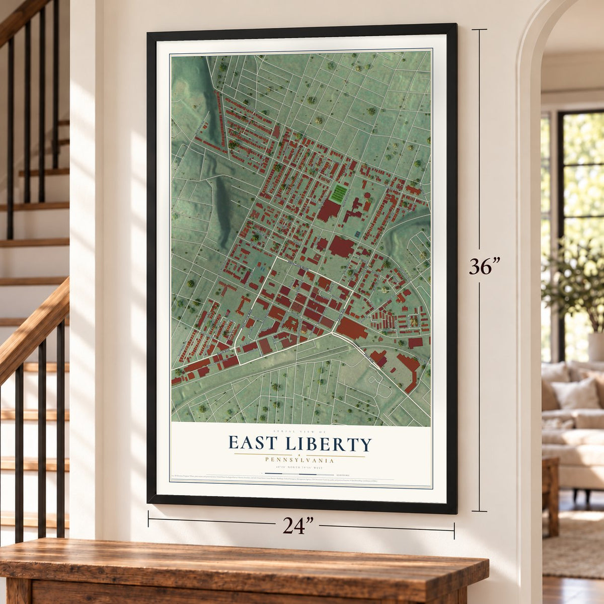 East Liberty, Pennsylvania map, 24 x 36 inch print in a black frame by a staircase