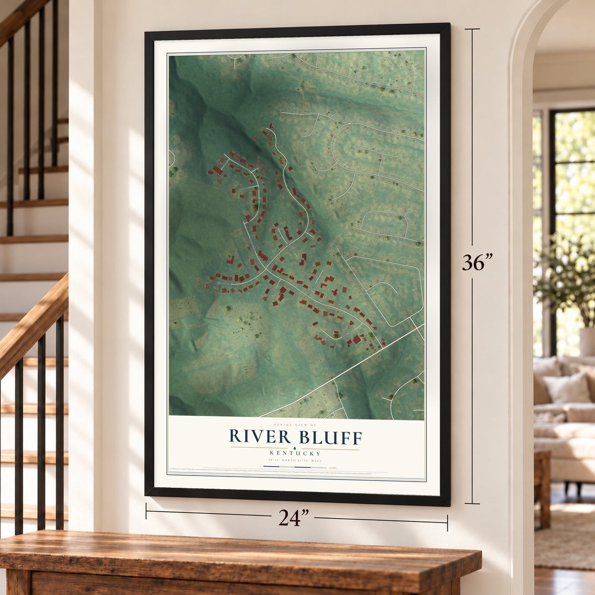 River Bluff, Kentucky map, 24 x 36 inch print in a black frame by a staircase