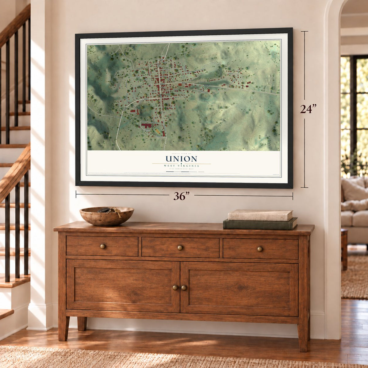 Union, West Virginia map, 24 x 36 inch print in a black frame above a dresser by a staircase