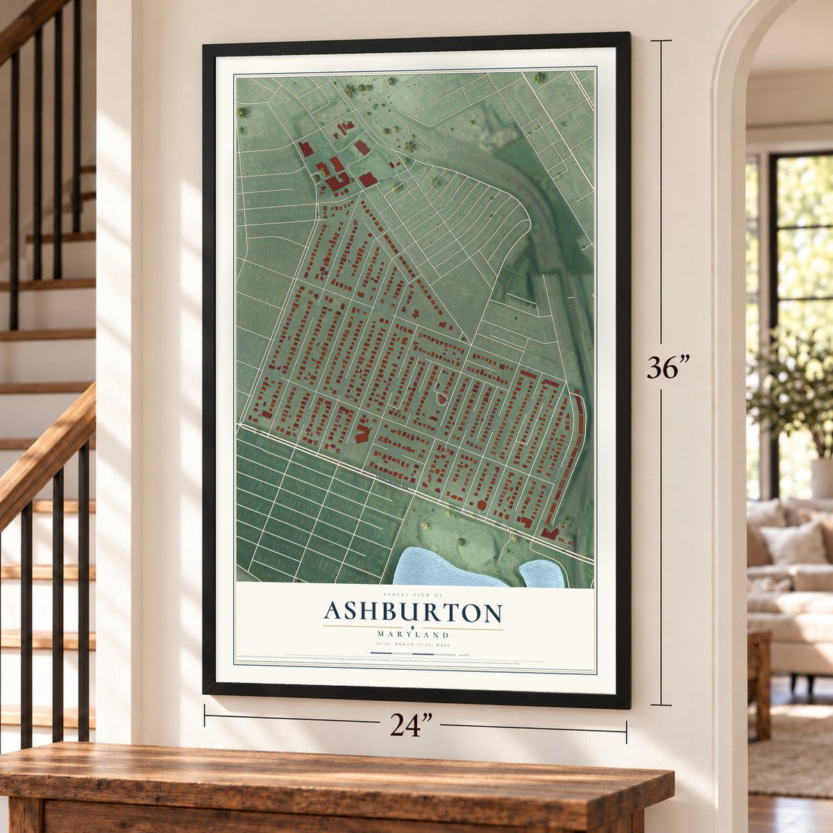 Ashburton, Maryland map, 24 x 36 inch print in a black frame by a staircase