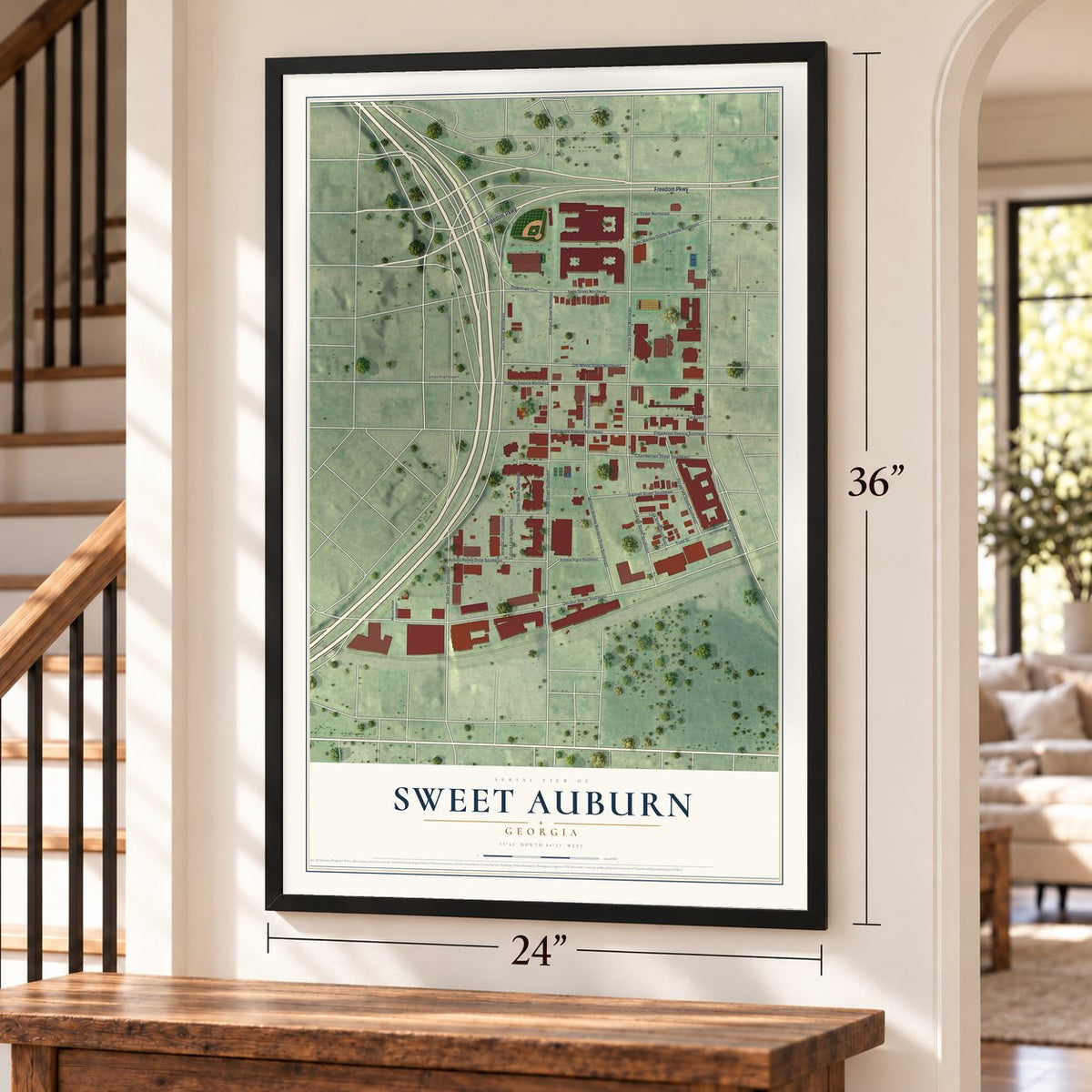 Sweet Auburn, Georgia map, 24 x 36 inch print in a black frame by a staircase