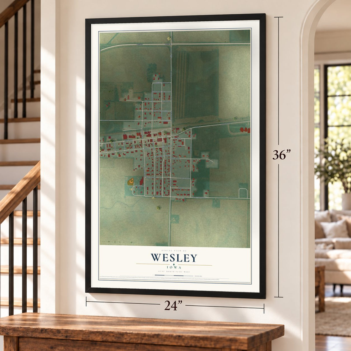 Wesley, Iowa map, 24 x 36 inch print in a black frame by a staircase