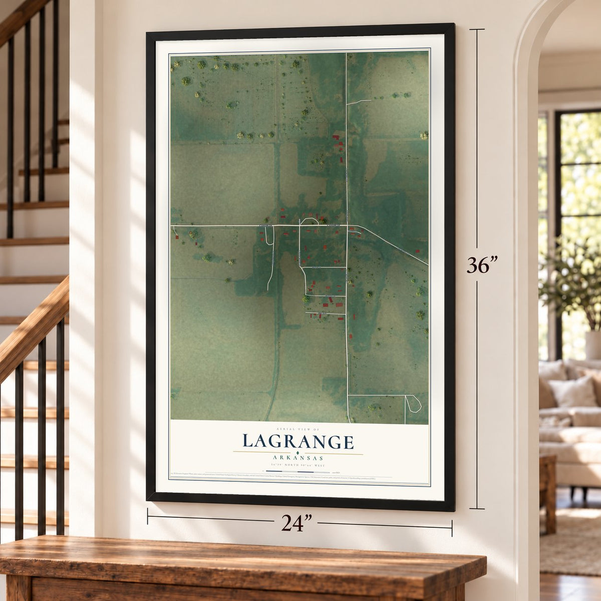 LaGrange, Arkansas map, 24 x 36 inch print in a black frame by a staircase
