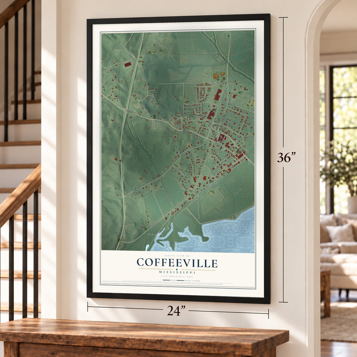 Coffeeville, Mississippi map, 24 x 36 inch print in a black frame by a staircase