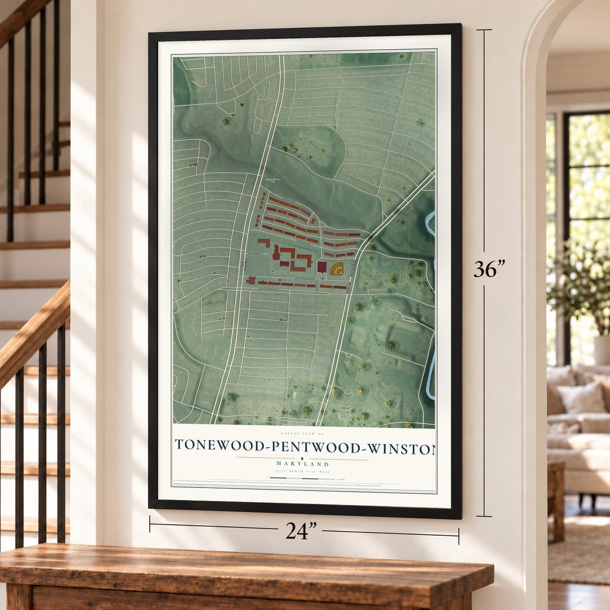 Stonewood-Pentwood-Winston, Maryland map, 24 x 36 inch print in a black frame by a staircase