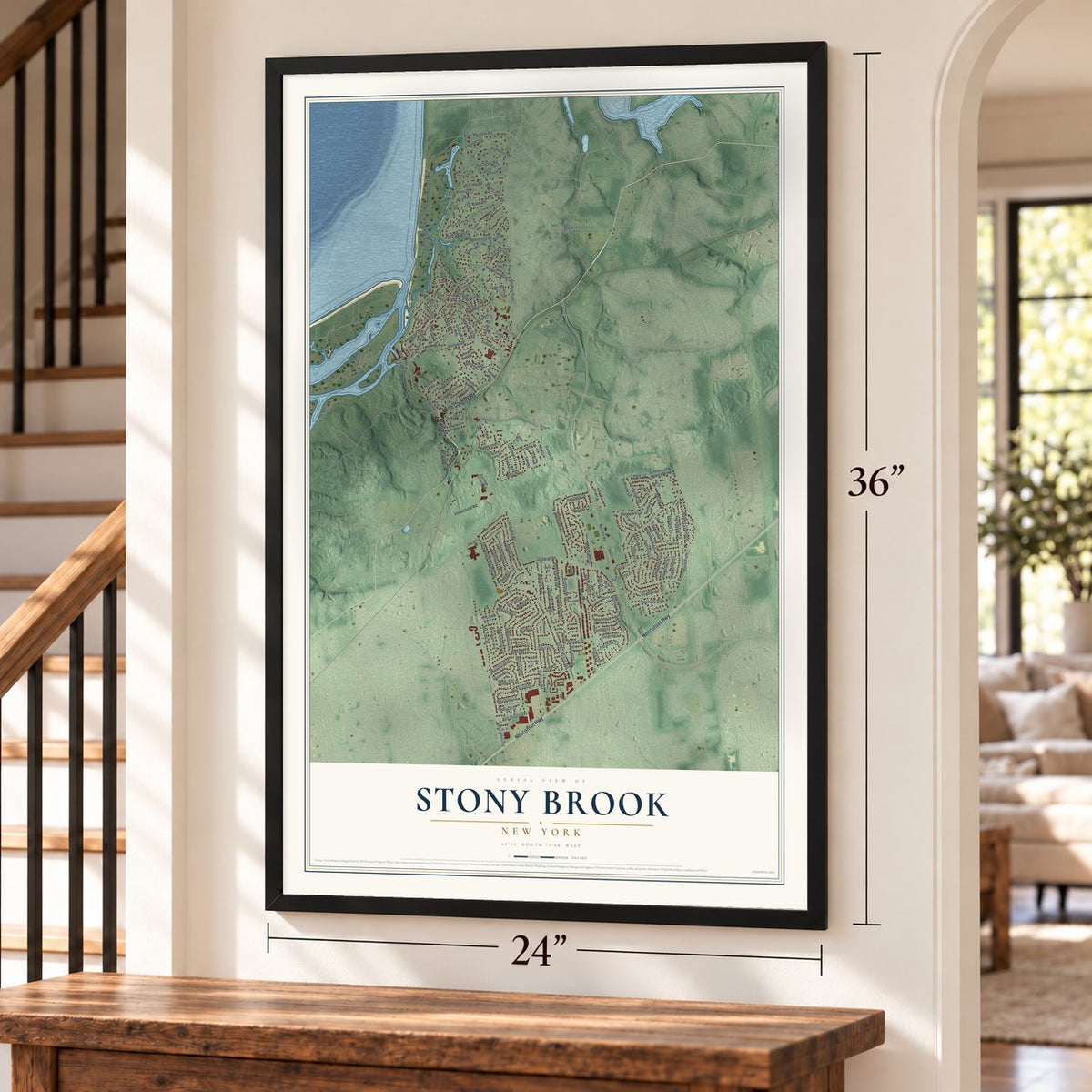 Stony Brook, New York map, 24 x 36 inch print in a black frame by a staircase