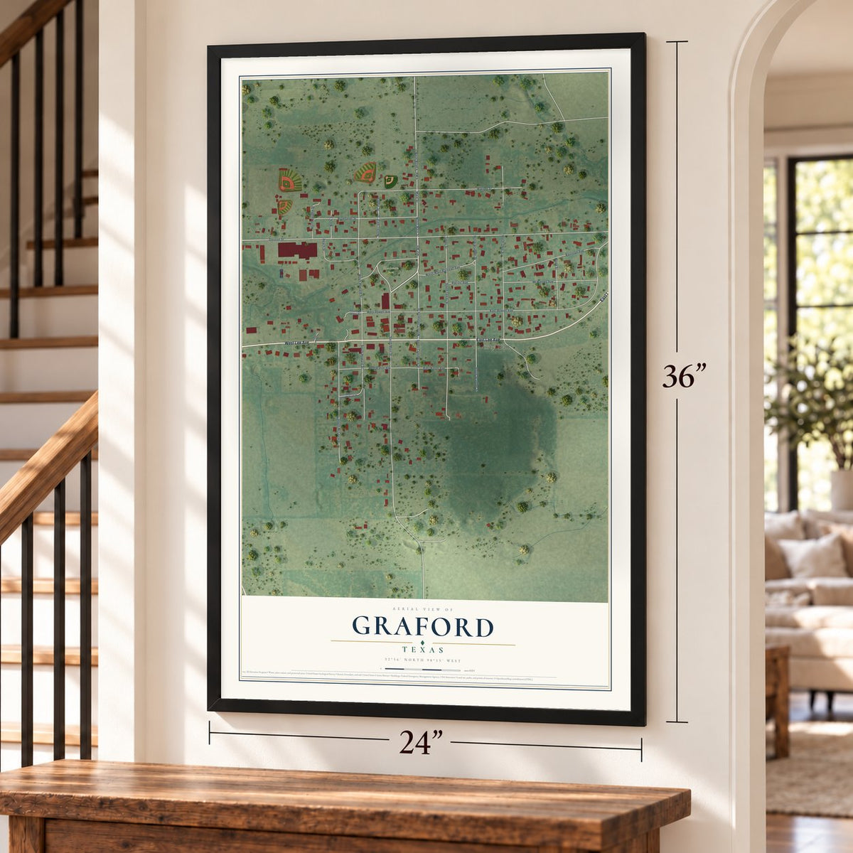 Graford, Texas map, 24 x 36 inch print in a black frame by a staircase