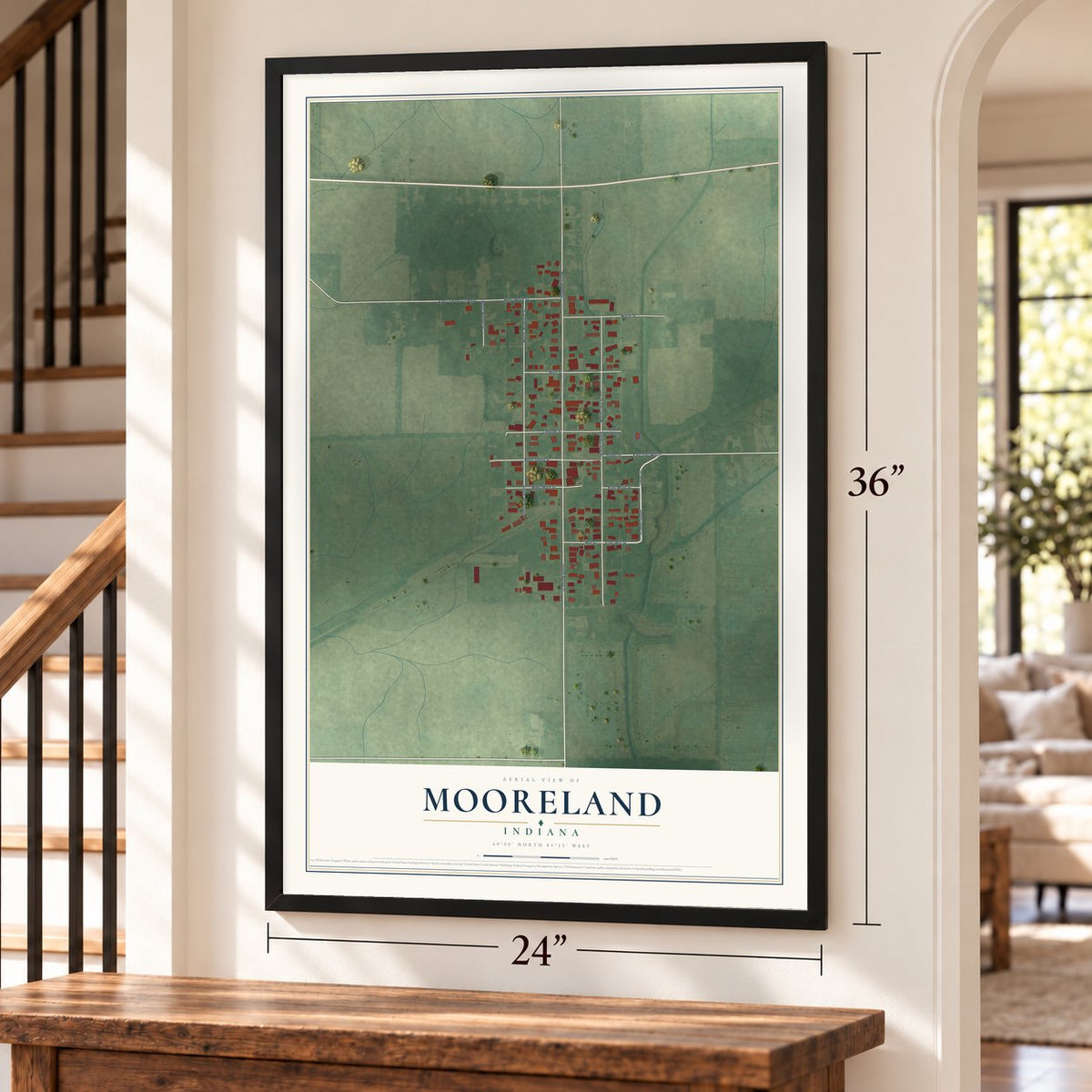 Mooreland, Indiana map, 24 x 36 inch print in a black frame by a staircase