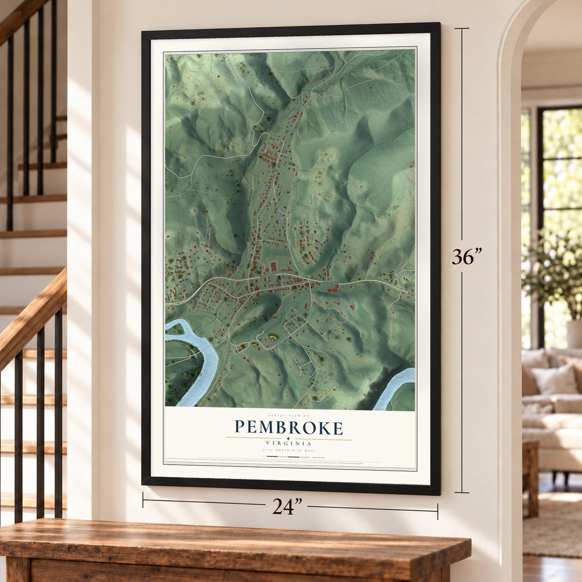 Pembroke, Virginia map, 24 x 36 inch print in a black frame by a staircase