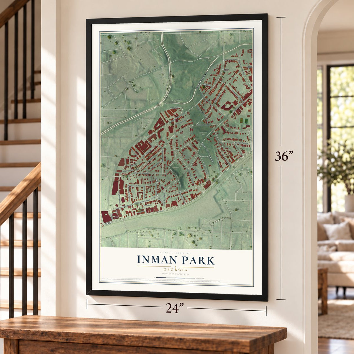 Inman Park, Georgia map, 24 x 36 inch print in a black frame by a staircase