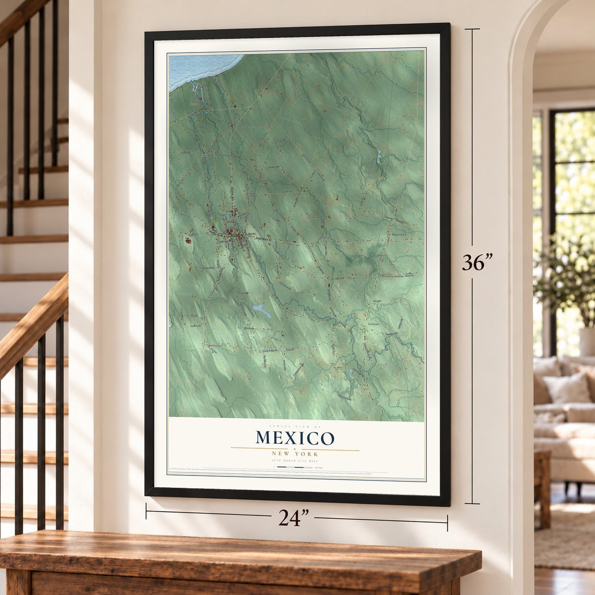 Mexico, New York map, 24 x 36 inch print in a black frame by a staircase