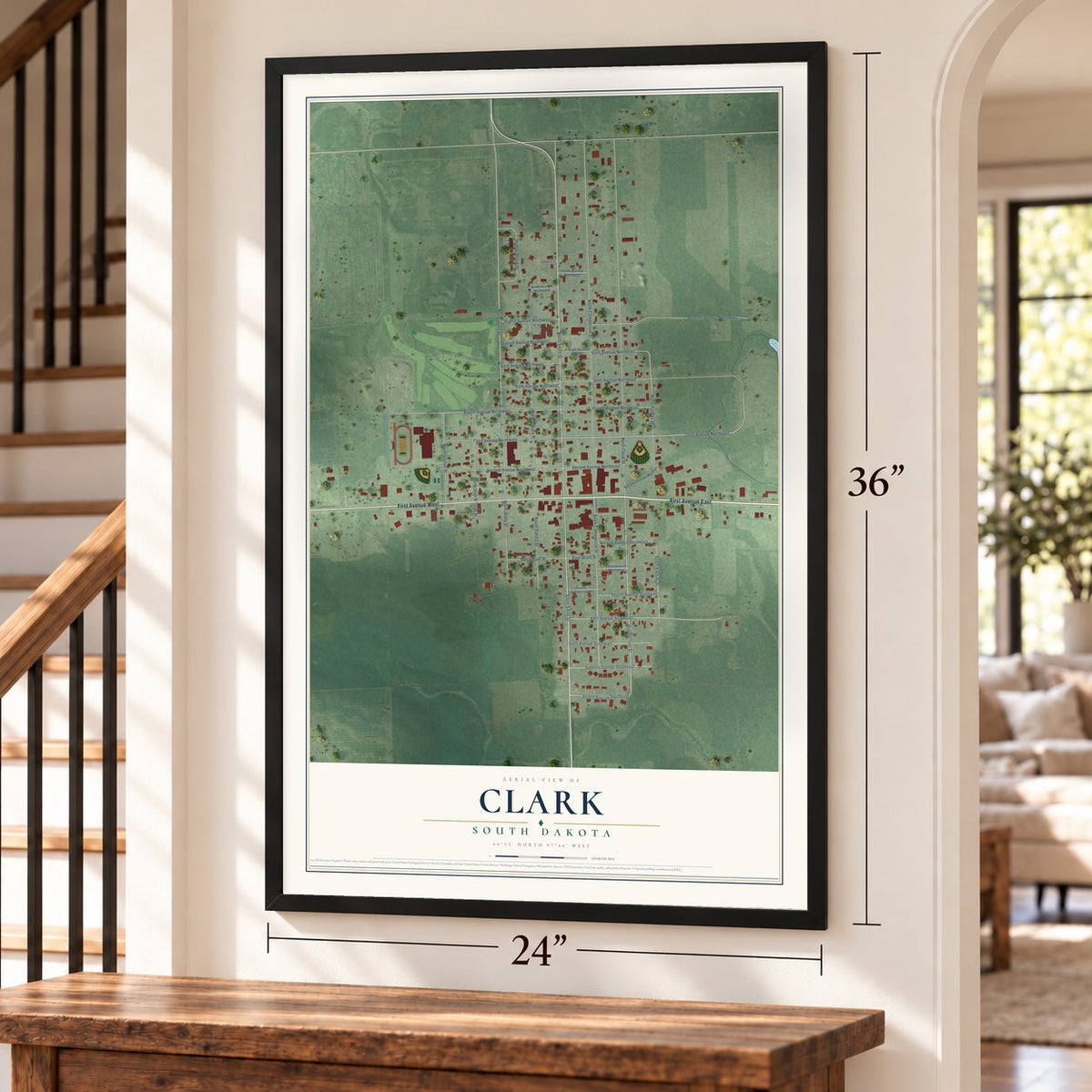 Clark, South Dakota map, 24 x 36 inch print in a black frame by a staircase