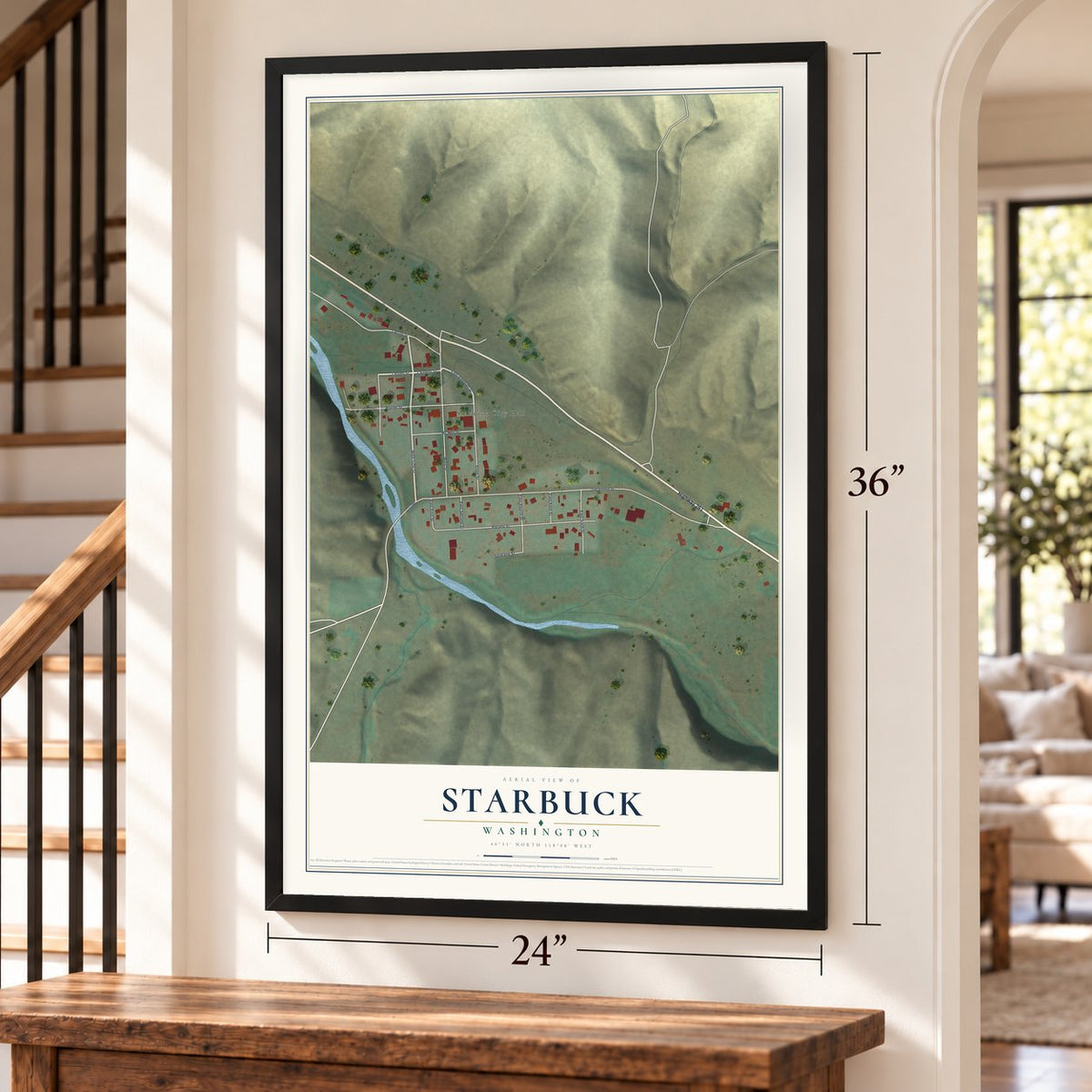 Starbuck, Washington map, 24 x 36 inch print in a black frame by a staircase