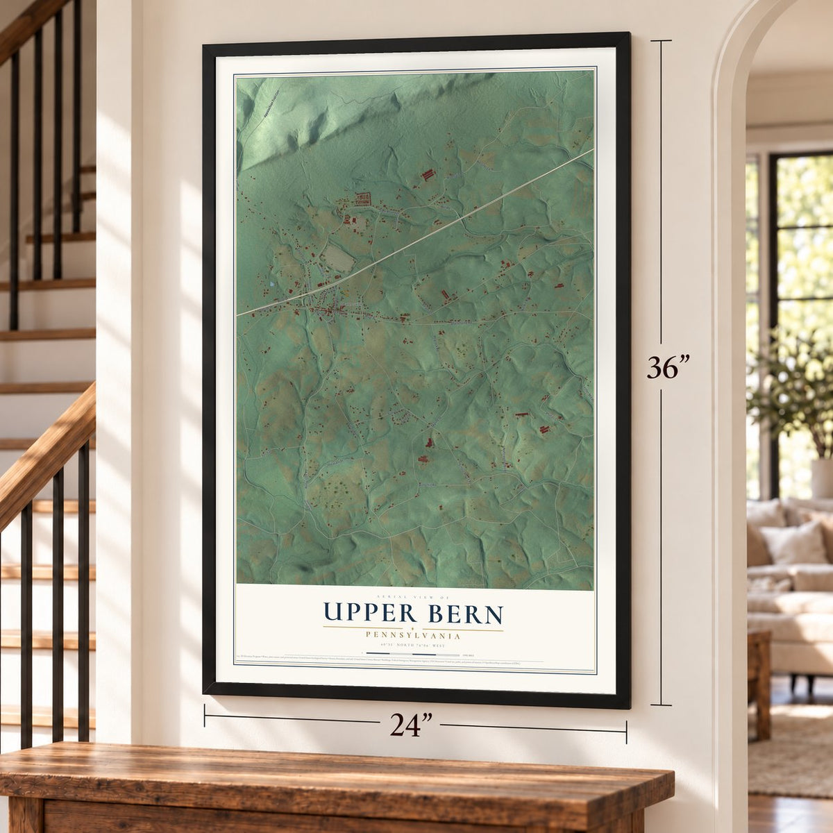 Upper Bern, Pennsylvania map, 24 x 36 inch print in a black frame by a staircase