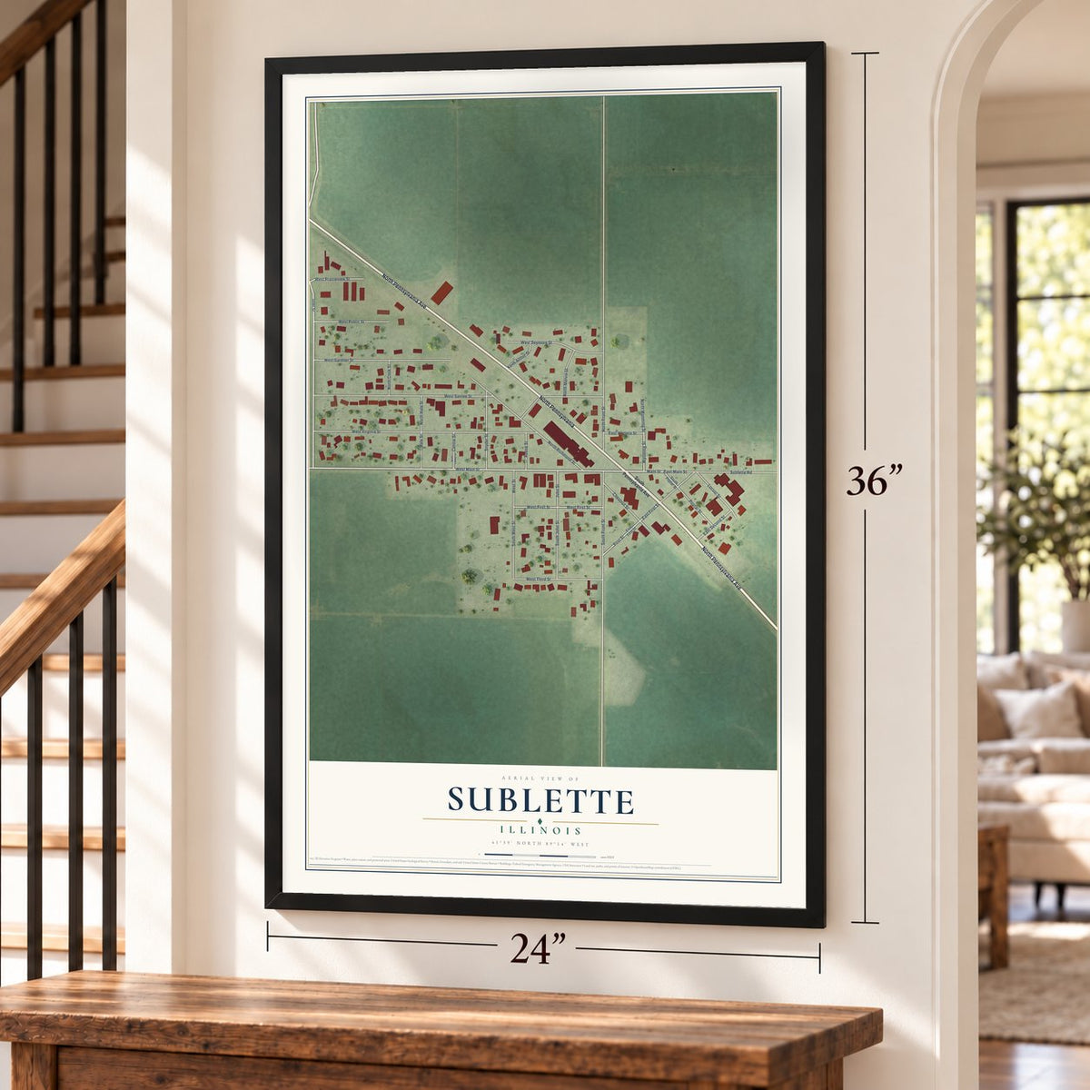Sublette, Illinois map, 24 x 36 inch print in a black frame by a staircase