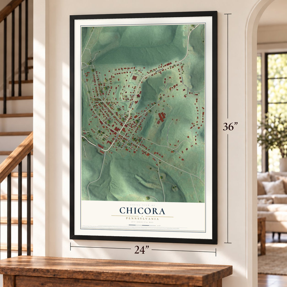 Chicora, Pennsylvania map, 24 x 36 inch print in a black frame by a staircase