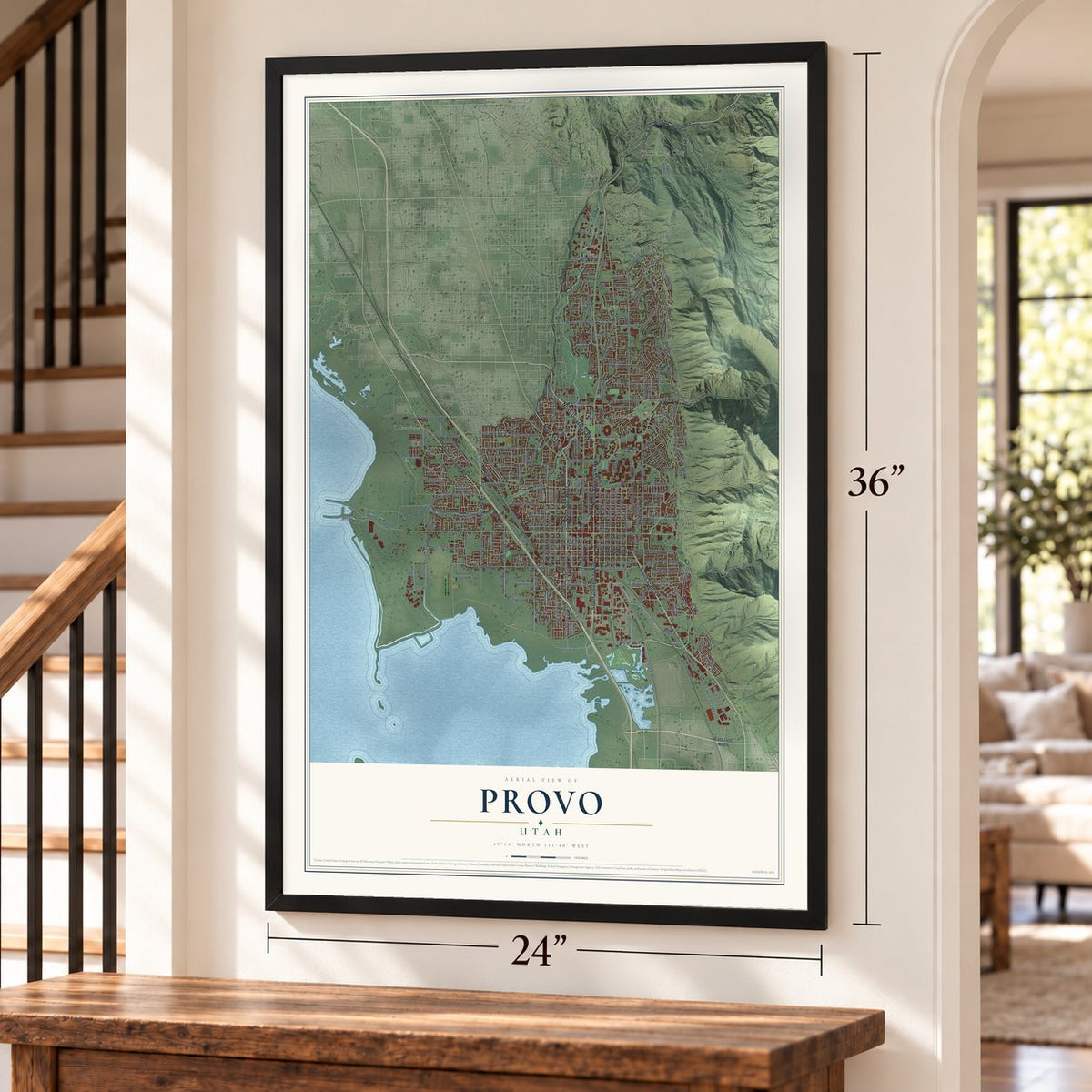 Provo, Utah map, 24 x 36 inch print in a black frame by a staircase