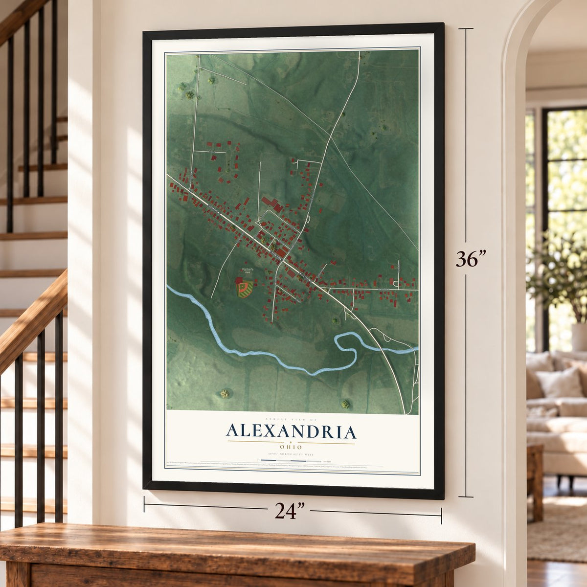 Alexandria, Ohio map, 24 x 36 inch print in a black frame by a staircase