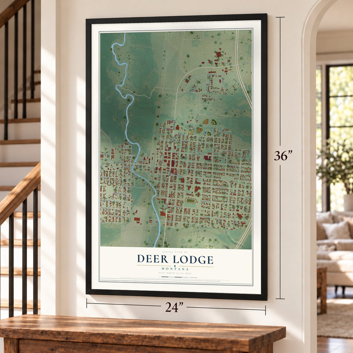 Deer Lodge, Montana map, 24 x 36 inch print in a black frame by a staircase
