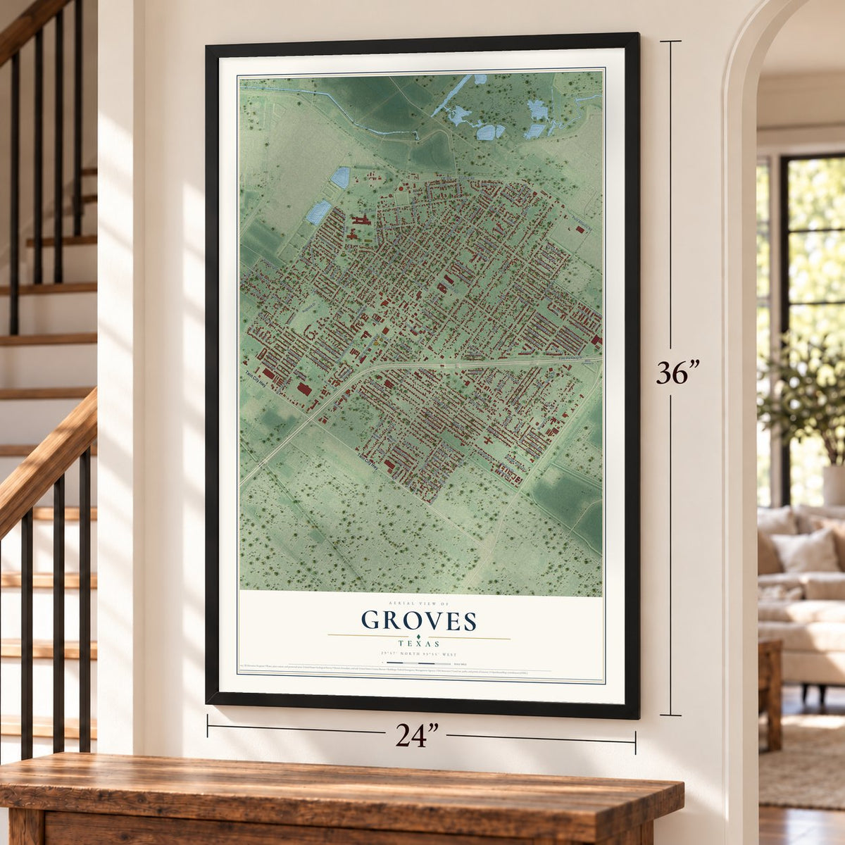 Groves, Texas map, 24 x 36 inch print in a black frame by a staircase