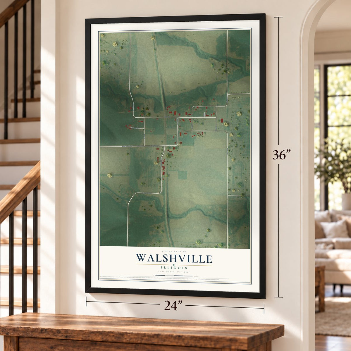 Walshville, Illinois map, 24 x 36 inch print in a black frame by a staircase