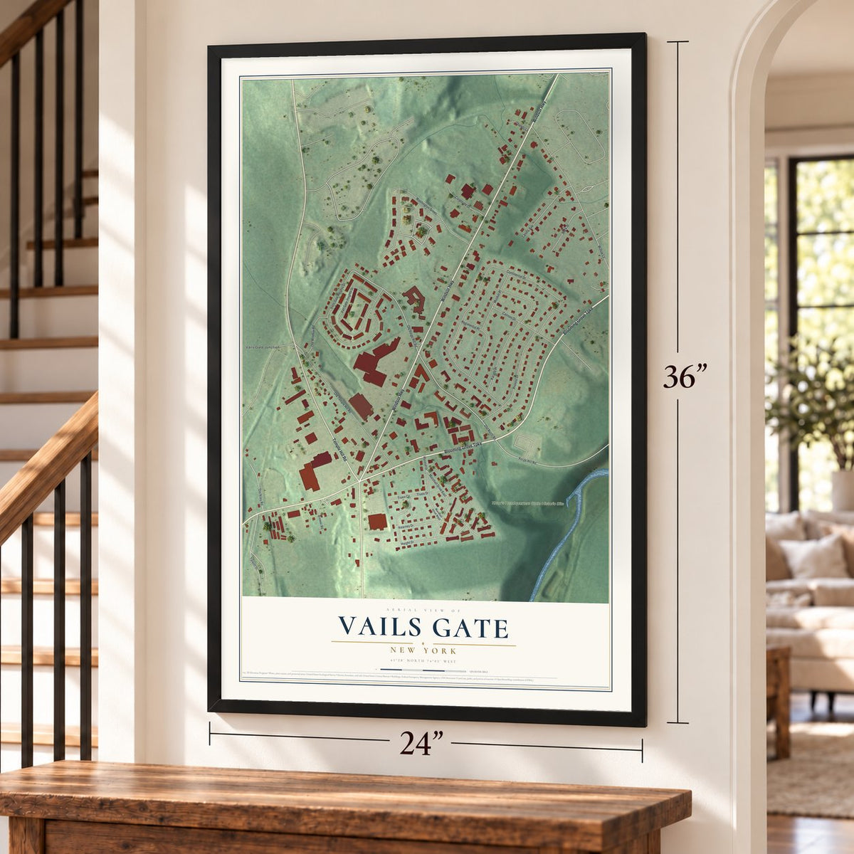 Vails Gate, New York map, 24 x 36 inch print in a black frame by a staircase