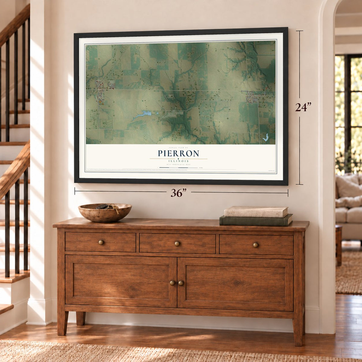 Pierron, Illinois map, 24 x 36 inch print in a black frame above a dresser by a staircase