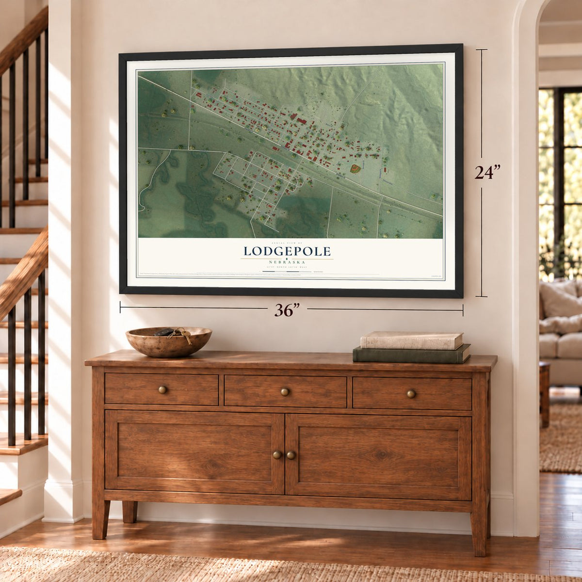 Lodgepole, Nebraska map, 24 x 36 inch print in a black frame above a dresser by a staircase