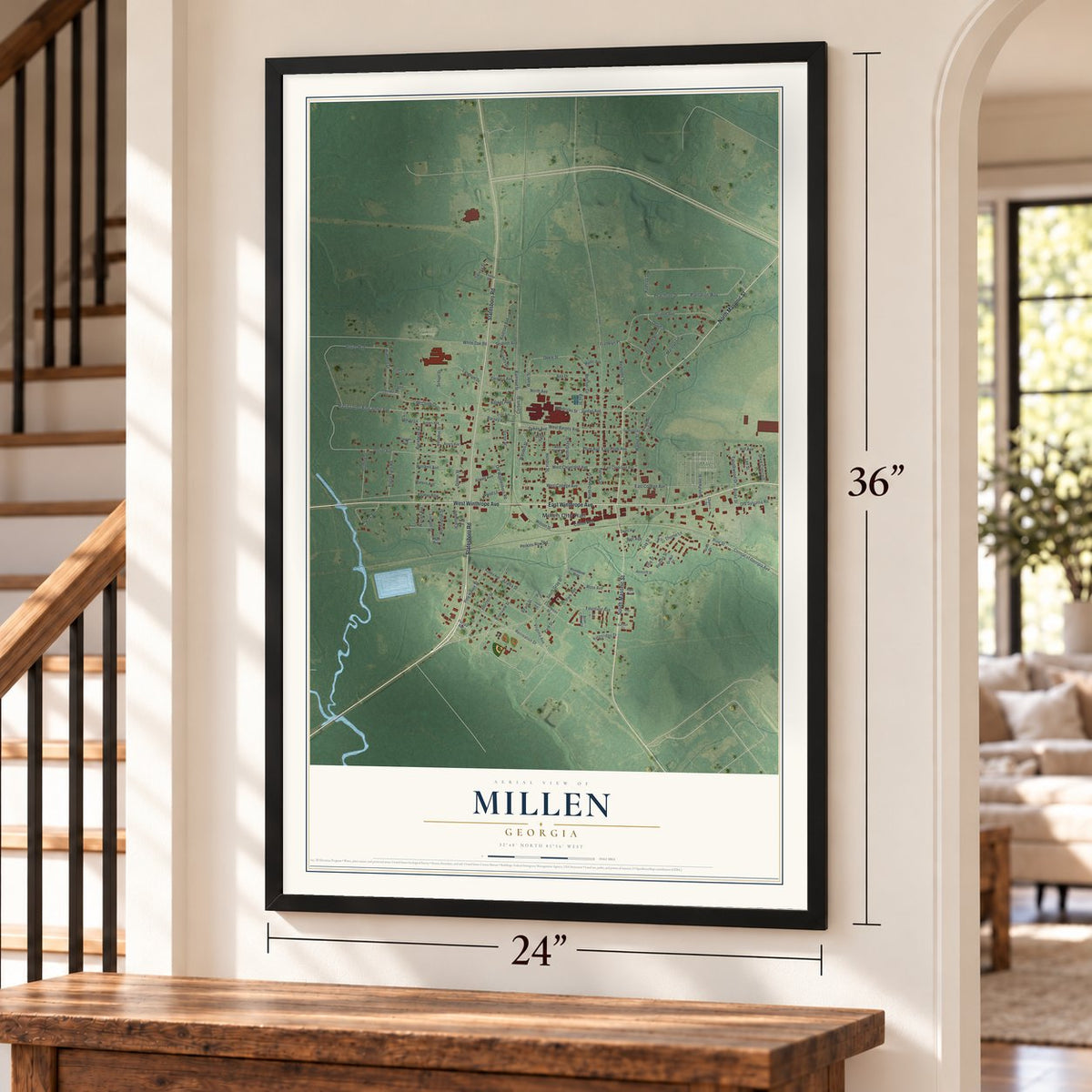 Millen, Georgia map, 24 x 36 inch print in a black frame by a staircase