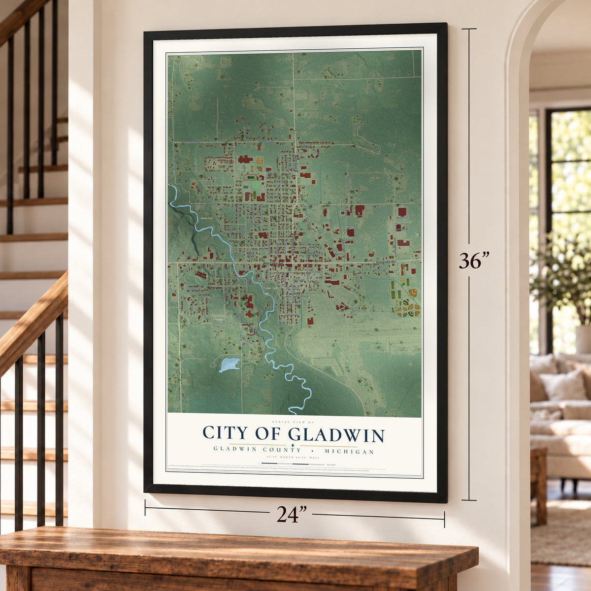 Gladwin, Michigan map, 24 x 36 inch print in a black frame by a staircase