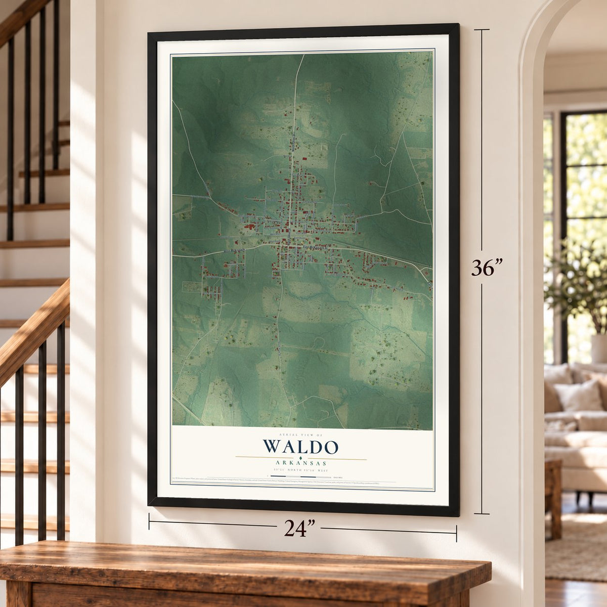 Waldo, Arkansas map, 24 x 36 inch print in a black frame by a staircase