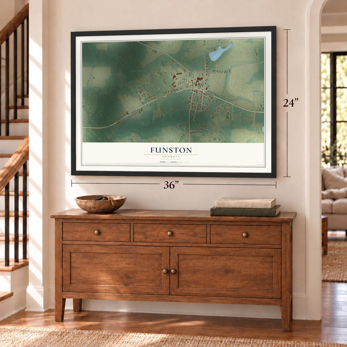 Funston, Georgia map, 24 x 36 inch print in a black frame above a dresser by a staircase