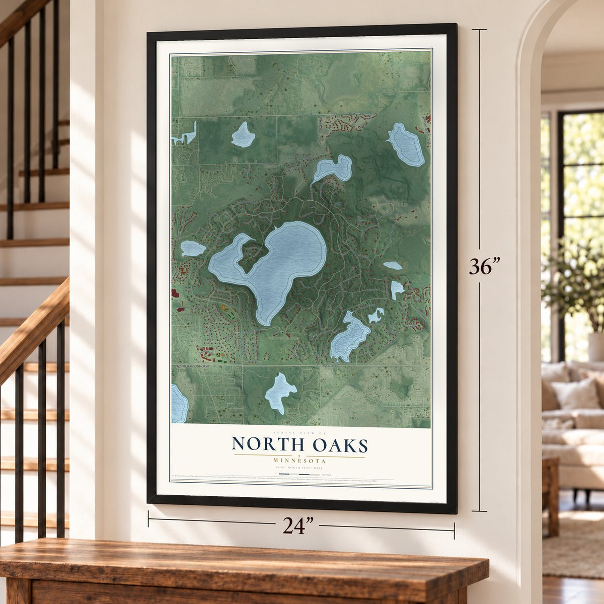 North Oaks, Minnesota map, 24 x 36 inch print in a black frame by a staircase
