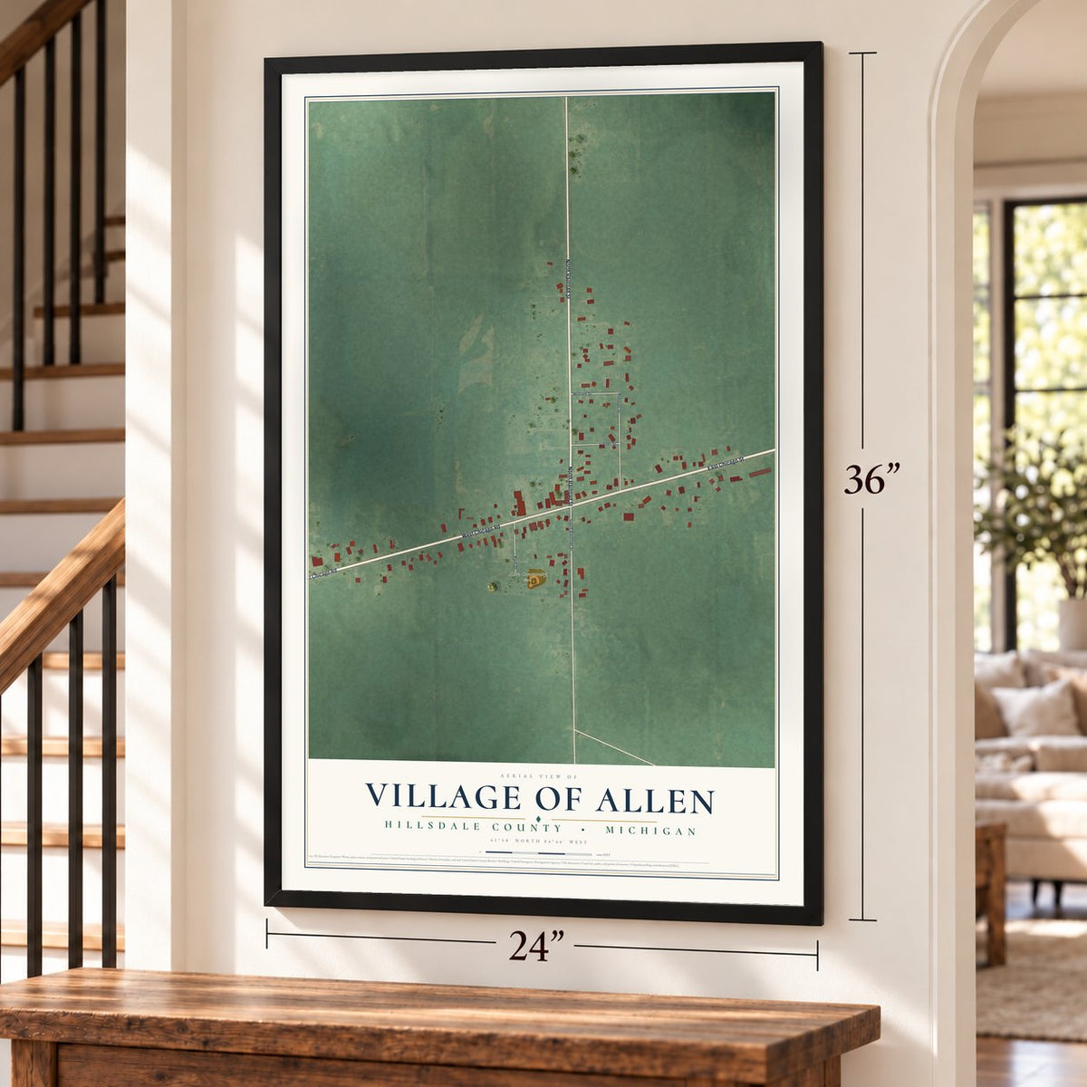 Allen, Michigan map, 24 x 36 inch print in a black frame by a staircase