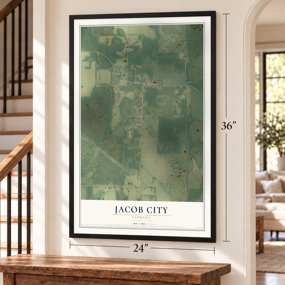 Jacob City, Florida map, 24 x 36 inch print in a black frame by a staircase