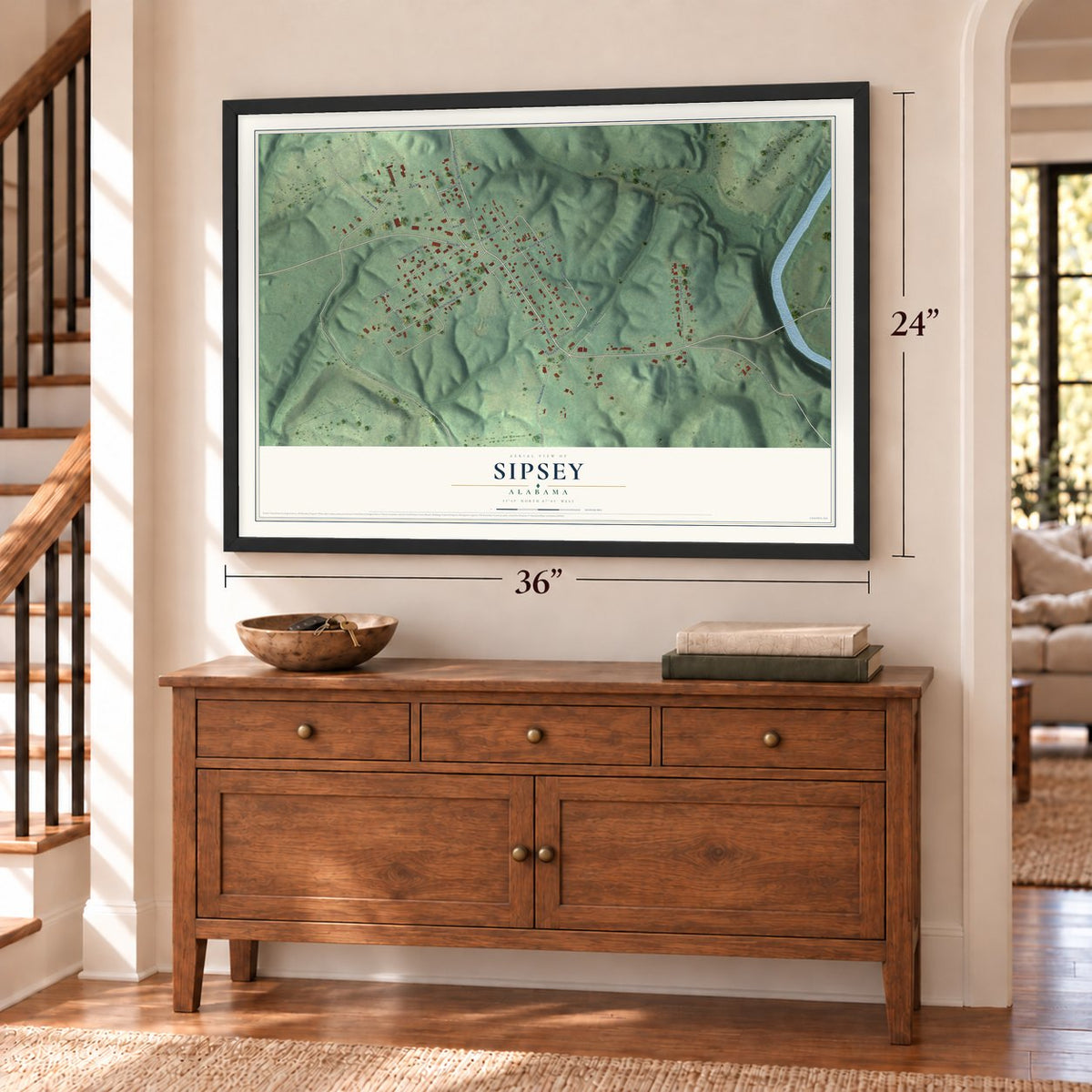 Sipsey, Alabama map, 24 x 36 inch print in a black frame above a dresser by a staircase