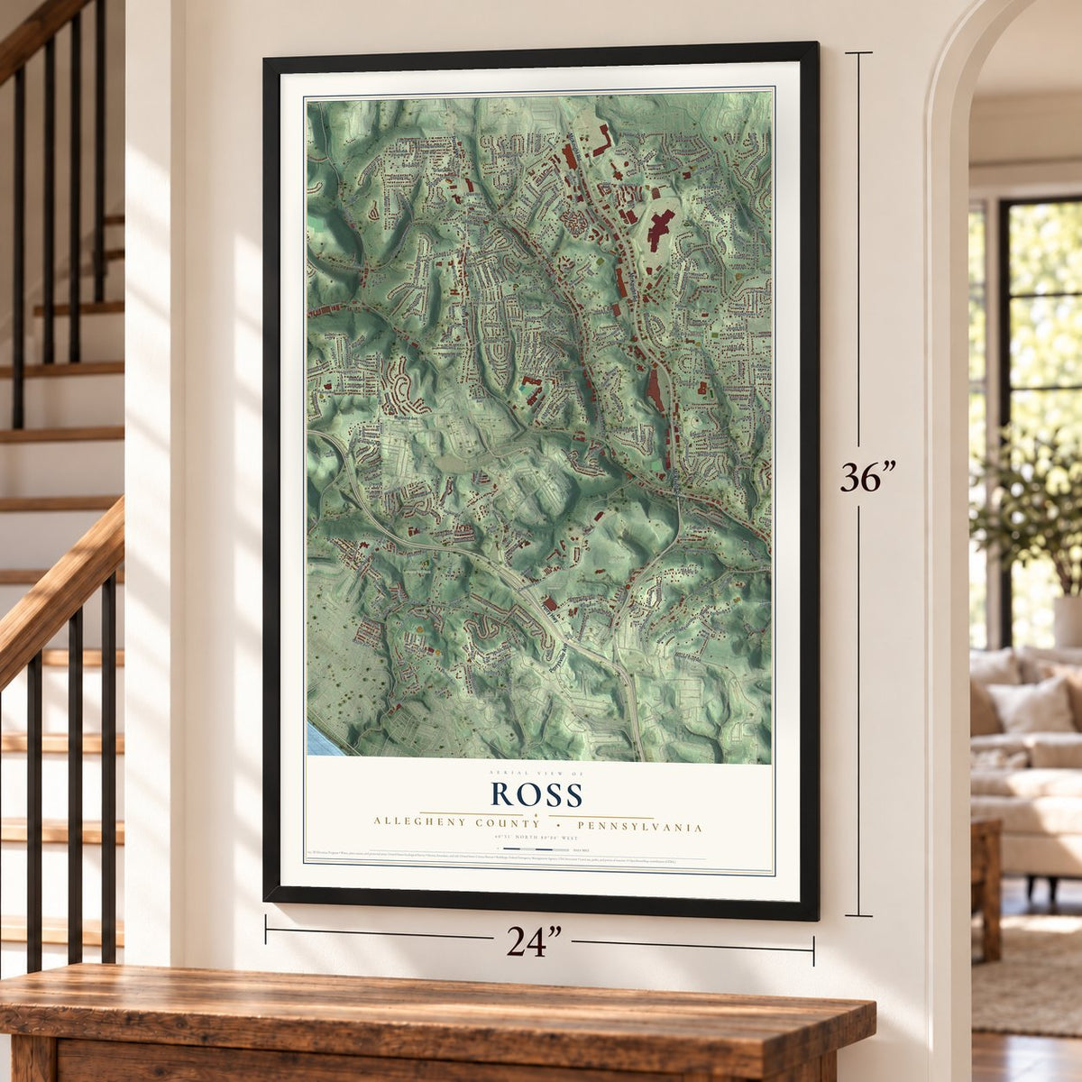 Ross, Allegheny County, Pennsylvania map, 24 x 36 inch print in a black frame by a staircase