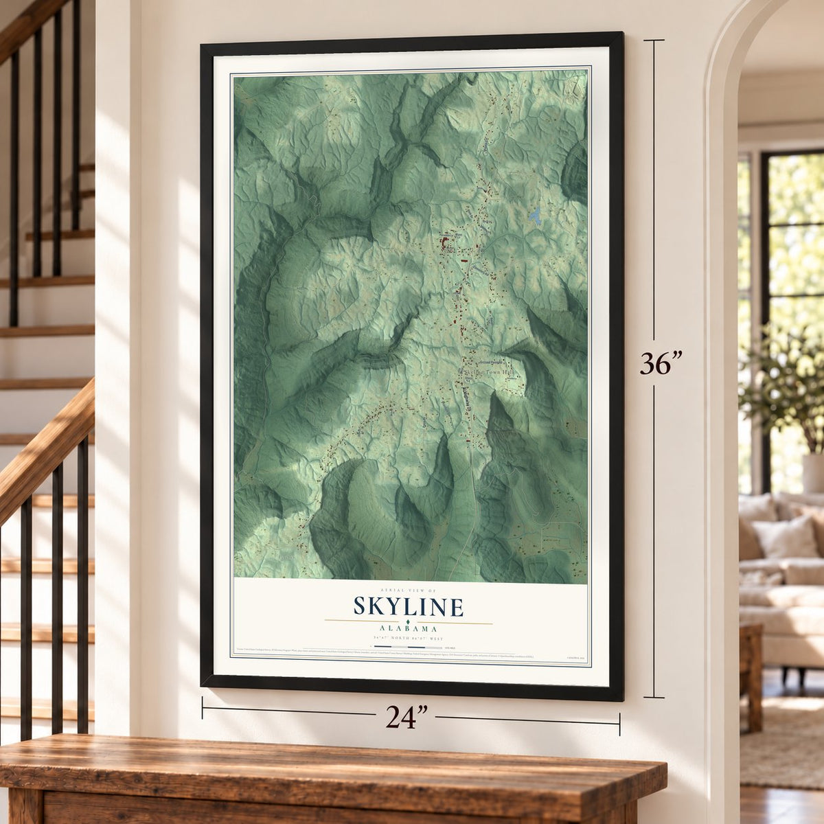 Skyline, Alabama map, 24 x 36 inch print in a black frame by a staircase