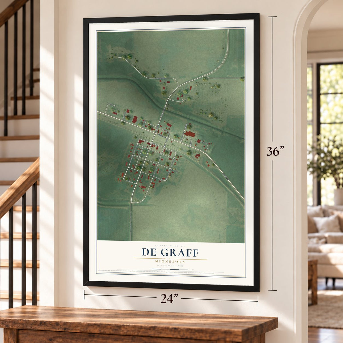 De Graff, Minnesota map, 24 x 36 inch print in a black frame by a staircase