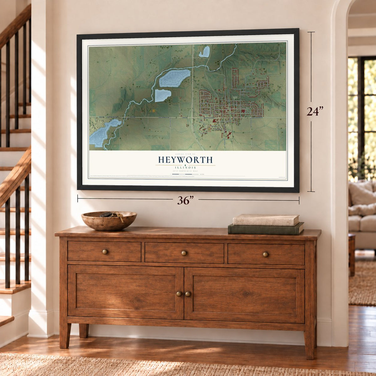 Heyworth, Illinois map, 24 x 36 inch print in a black frame above a dresser by a staircase
