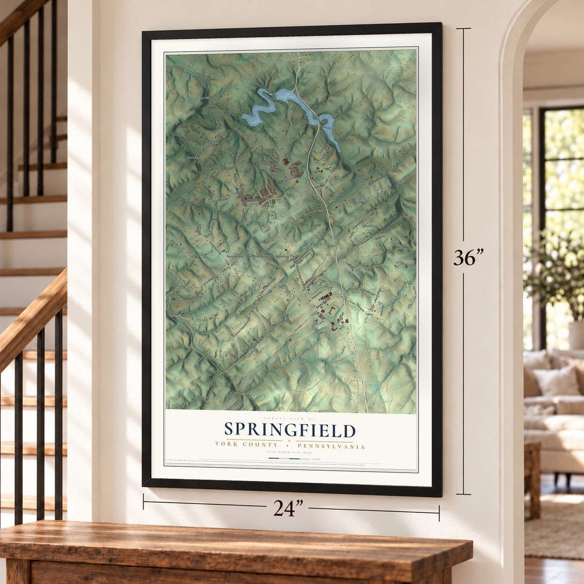 Springfield, York County, Pennsylvania map, 24 x 36 inch print in a black frame by a staircase