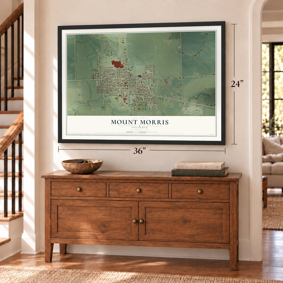 Mount Morris, Illinois map, 24 x 36 inch print in a black frame above a dresser by a staircase